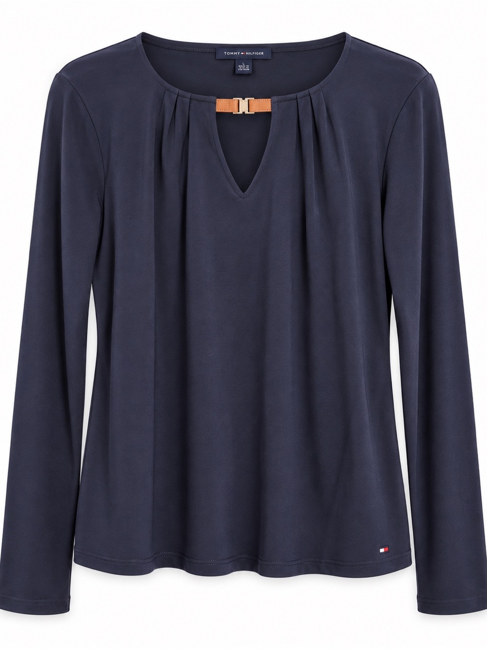 Tommy Hilfiger Navy Long-Sleeve Keyhole Top with Gold Accent